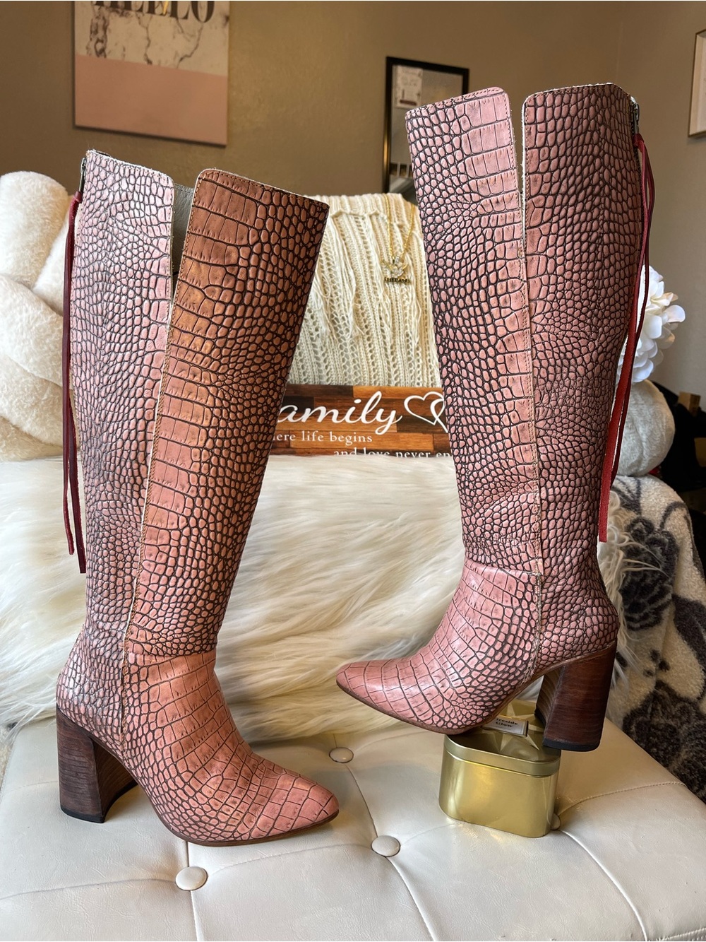 Freebird by Steven Jasper Knee-High Leather Boots in the RARE "Blush Croco”